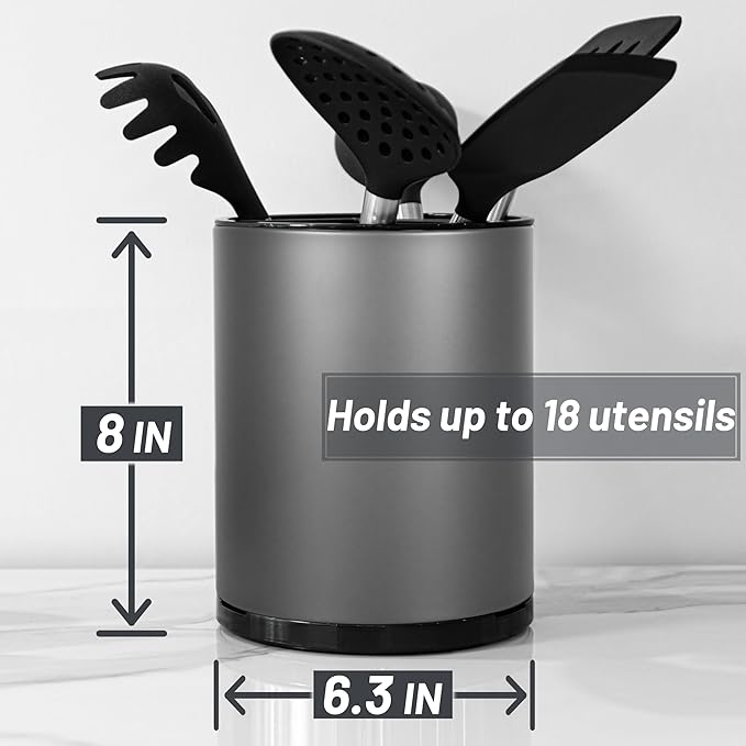 Kitchen Utensil Holder for Countertop 360° Rotating Utensil Caddy Extra Large Utensil Crock Cooking Utensil Holder for Kitchen Counter (Dark Grey) - Image 4