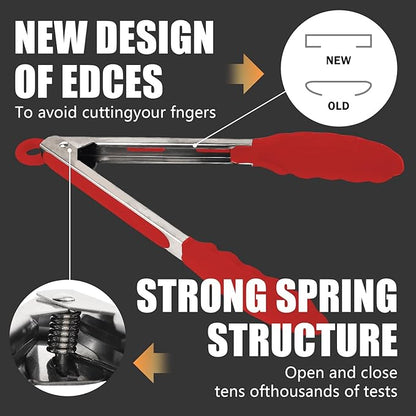 Kitchen Tongs with Silicone Tips, Kitchen Tongs, Cooking Tongs, Premium Stainless Steel Locking Cooking Tongs, Non-Slip Food Tongs for Cooking, Heavy Duty, Non-Stick, 480℉, Set of 3-7"/9"/12" Red - Image 4