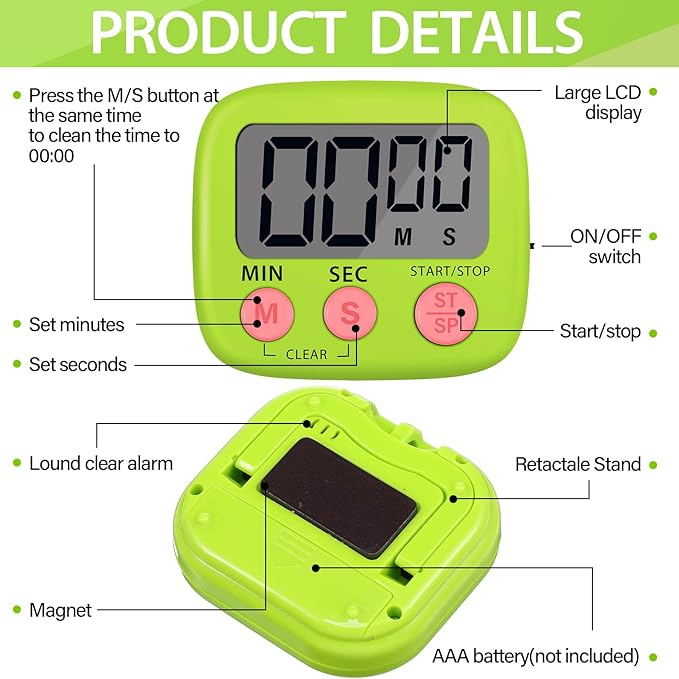 Weewooday 24 Pcs Digital Kitchen Timer Magnetic Timer Bulk On/Off Switch Minute Second Count up Countdown Loud Alarm for Exercise Cook Baking (Blue,Green) - Image 3