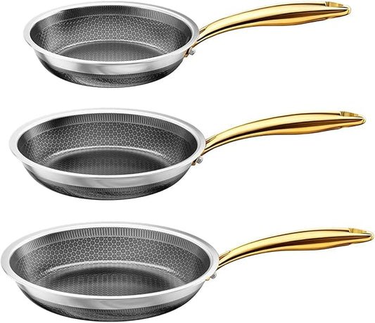 FogDream 8, 10, 12" Stainless Steel Frying Pan, Honeycomb Hybrid Nonstick Skillet for Induction & All Cooktops, PFAS/PFOA/PTFE Free, Oven Safe to 500°F, Stay-Cool Handle, Dishwasher Safe, Gold by FogDream