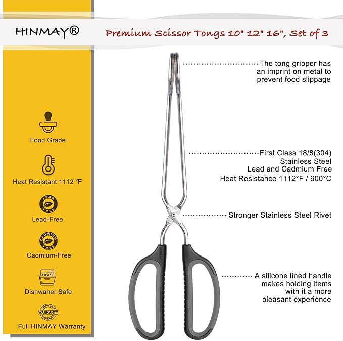 HINMAY Stainless Steel Scissor Tongs Cooking Tongs Set, Set of 3 (Black Handle, 10" 12" 16") - Image 2