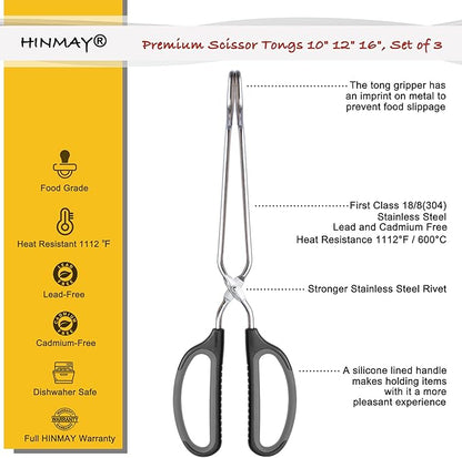 HINMAY Stainless Steel Scissor Tongs Cooking Tongs Set, Set of 3 (Black Handle, 10" 12" 16") - Image 2