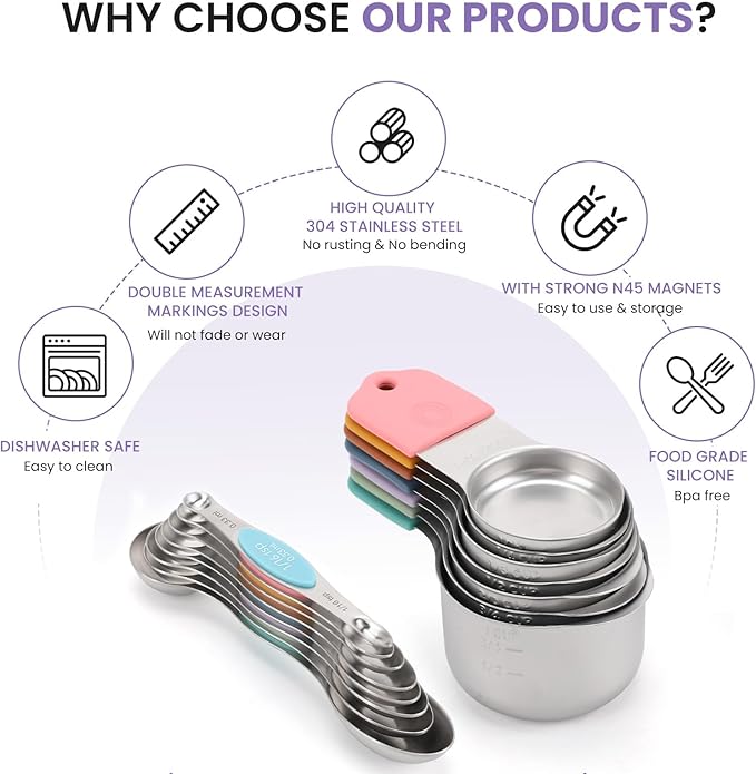Magnetic Measuring Cups and Spoons Set-Heavy Duty 304 Stainless Steel，Double Measurement Markings，Set of 16 with Leveler for Measure Dry and Liquid Ingredients - Image 2