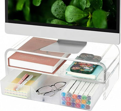 OPNICE Acrylic Clear Desk Organizers and Accessories, 2-Tier Computer Monitor Stand Riser with Drawer, Laptop Stand, Office Desk Accessories for Office Supplies, Transparent by OPNICE