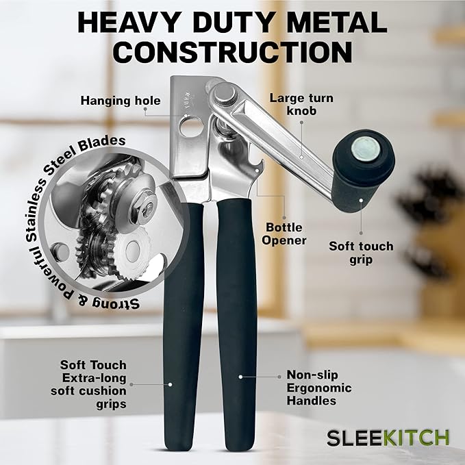 Commercial Can Opener Manual Heavy Duty, Hand Crank Can Opener, Large Handheld Can Opener Easy for Big Cans, Swing Grip Design, Manual Can Opener with Comfortable Easy Crank Handle,Black