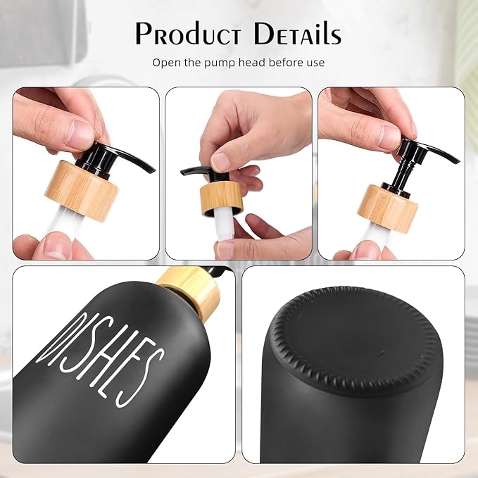 Arktek Glass Soap Dispenser Set with Tray, 2 Pack Hand and Dish Soap Dispenser Set for Bathroom and Kitchen Bottle Dispenser with Dish Soap, Hand Soap, Lotion 17 Oz (Black & White) - Image 6