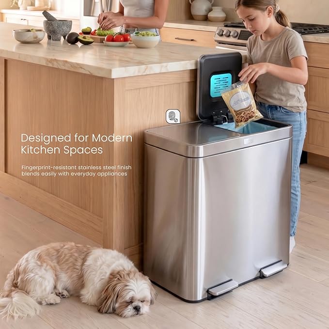 Home Zone Living 16 Gallon Kitchen Trash Can with Dual Compartments for Recycling, CleanAura Odor Control, Stainless Steel, Silver, 60 Liters Total