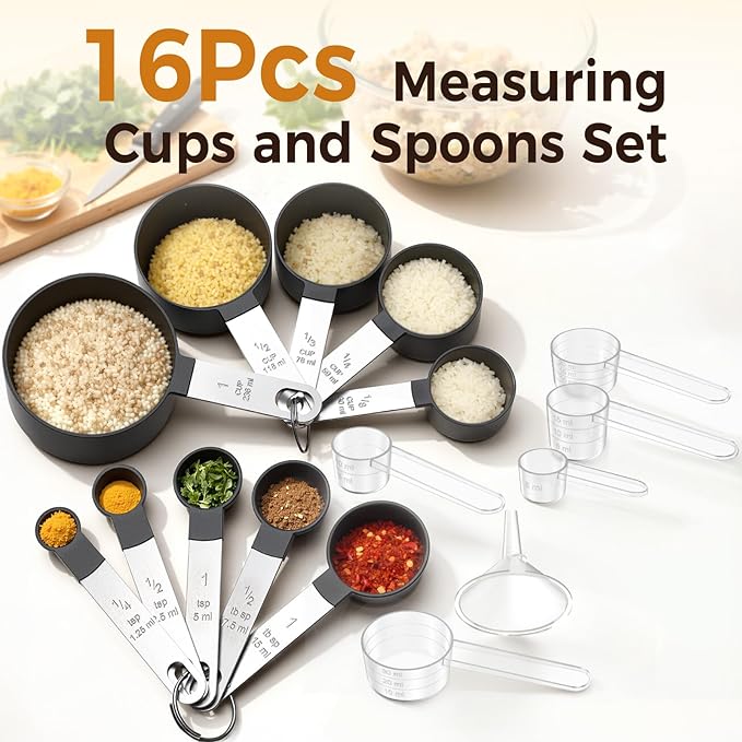 16PCS Measuring Cups and Spoons Set, Measuring Spoon Set with Metric and US Measurements, Fits for Measuring Dry and Liquid - Black - Image 2