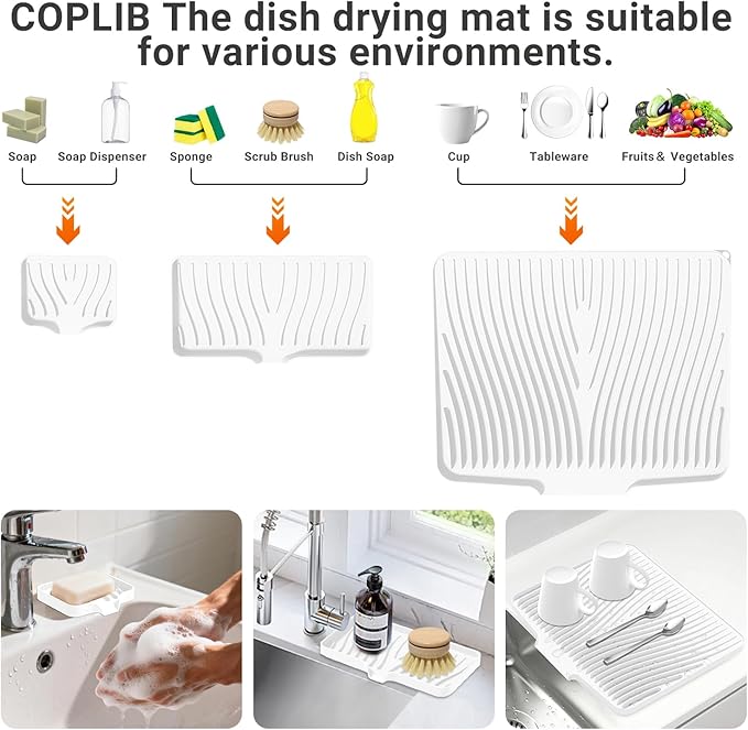 Silicone Dish Drying Mat for Kitchen Counter, Dish Drying Pad, Non-Slip Drain Pad with Built-in Drain, Heat Resistant Stone Drying Mat - Image 3