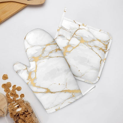 Oven Mitts and Pot Holders Marble White Gold Silicone Kitchen Accessories Set of 4 Heat Resistant Long Gloves Potholder Non-Slip Grip for Chef Cooking,Baking,Grilling,BBQ