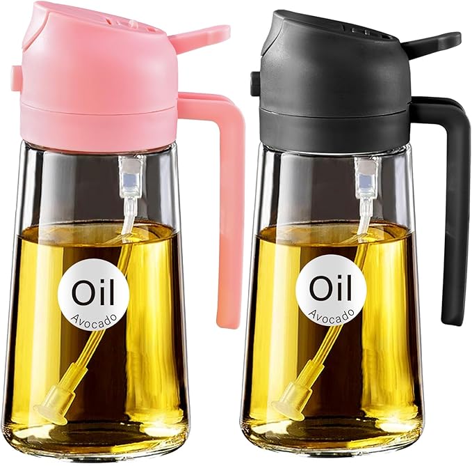 YARRAMATE 2Pcs 16oz/470ml Glass Olive Oil Sprayer for Cooking with Stickers, 2 in 1 Oil Dispenser for Kitchen Gadgets, Food Grade Premium Spray Bottle with Portion Control for Salad, BBQ (Pink&Black) by YARRAMATE
