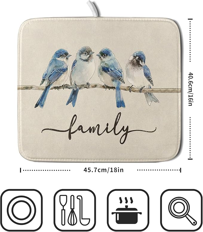 Home Blue Bird Family Dish Drying Mat for Kitchen Counter,Spring Summer Drying Mat 16 x 18 Inch with Absorbent Reversible Microfiber Drying Pad for Coffee Bar - Image 2