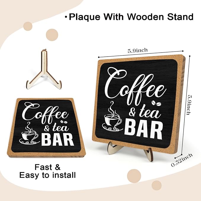 Coffee Bar Sign Plaque Decor,Cafe Station Accessorie for Office,Rustic Wooden Tabletop Plaque with Stand, Minimalist Farmhouse Kitchen Counter Sign ,Cute Mini Café Bar Decor Gift ,Coffee & Tea Bar Decor Signs 5.9x5.9Inch (Black&Grown) - Image 2