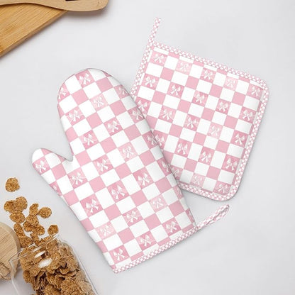 Oven Mitts and Pot Holders Pink Check Bow Pattern Silicone Kitchen Accessories Set of 4 Heat Resistant Long Gloves Potholder Non-Slip Grip for Chef Cooking Baking Grilling BBQ