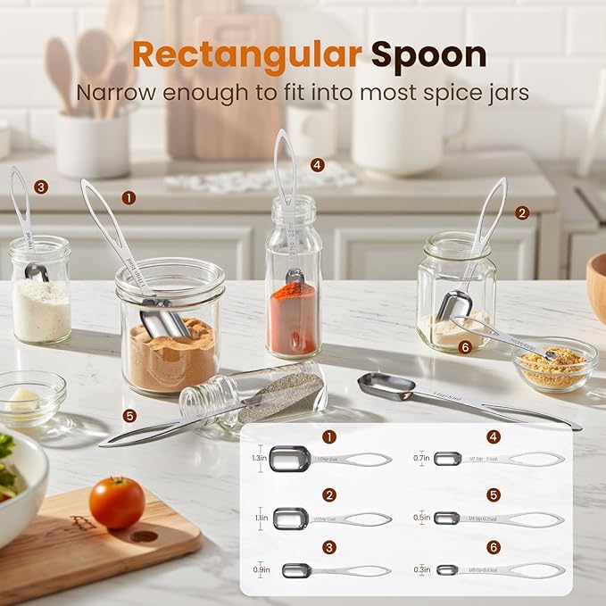 6PCS Narrow Measuring Spoons Set, Stainless Steel Measuring Spoon Fits in Spice Jars, Metal Teaspoon Measuring Spoons, Rectangular Tablespoon, Long Measuring Spoons for Dry & Liquid Ingredients - Image 3