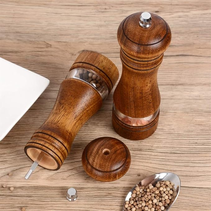 Haomacro Wood Salt and Pepper Grinder Mills Set, Classic Manual Pepper Grinder Salt Grinder Refillable Pepper Mill Sets with Acrylic Visible Window Adjustable Ceramic Grinding Rotor 6.5inch 2 Pack - Image 2
