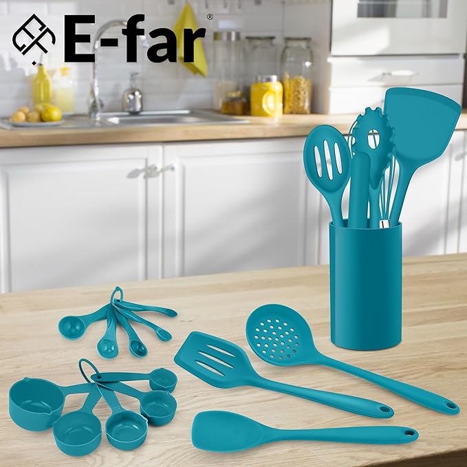 E-far Silicone Cooking Utensils Set, 24Pcs Heat Resistant Kitchen Utensil with Holder, Silicone Kitchen Tools with Spatula Turner Spoon Tongs Whisk, Non-Toxic & Dishwasher Safe (Blue) - Image 7