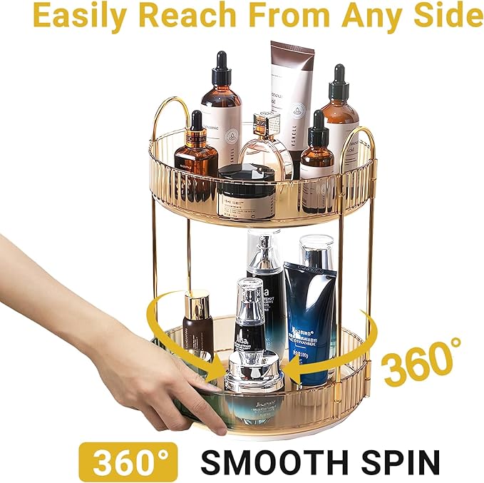 Asayuee 360 Rotating Gold Makeup Organizer,2 Tier Large Capacity Rotating Makeup Organizer,SkincarePerfume Organizer,Bathroom Cosmetics Storage Organizer Countertop (Gold-2 Tier) - Image 3