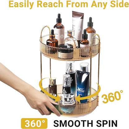 Asayuee 360 Rotating Gold Makeup Organizer,2 Tier Large Capacity Rotating Makeup Organizer,SkincarePerfume Organizer,Bathroom Cosmetics Storage Organizer Countertop (Gold-2 Tier) - Image 3