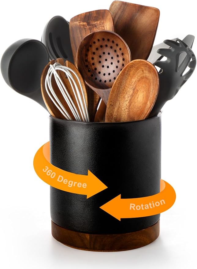 Nucookery 360°Rotating Utensil Holder, 7.2" Large Utensil Crock, White Ceramic Cooking Utensil Organizer,Farmhouse Kitchen Decor Christmas Thanksgiving Gift (Stone Black) by Nucookery