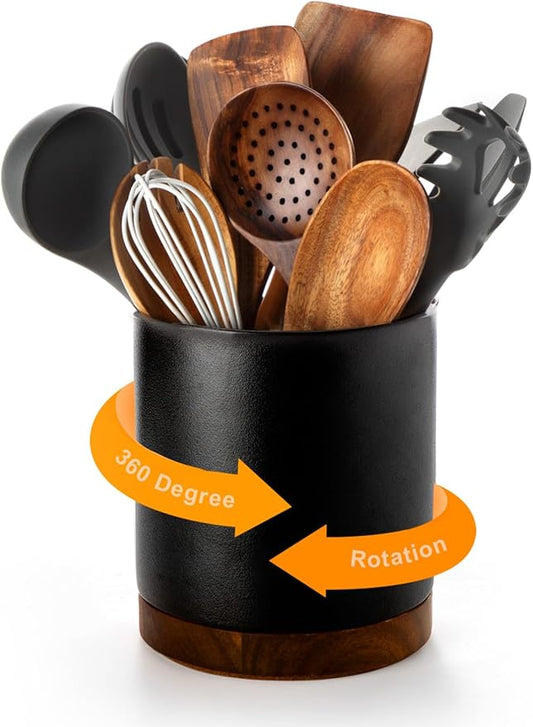 Nucookery 360°Rotating Utensil Holder, 7.2" Large Utensil Crock, White Ceramic Cooking Utensil Organizer,Farmhouse Kitchen Decor Christmas Thanksgiving Gift (Stone Black) by Nucookery