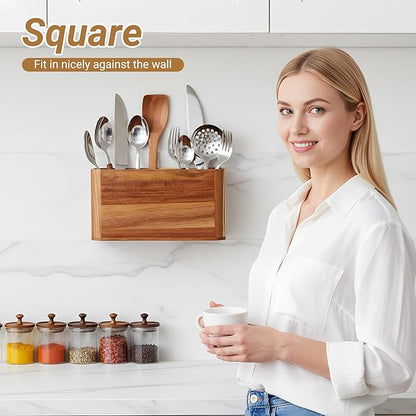 2PC Wooden Kitchen Utensil Holder for Countertop - Wall-mountable Large 4+3 Compartment Acacia Wood Organizer, Rustic Minimalist Utensil Crock for Cooking Tools and Flatware Storage