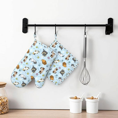 Cute Cat Oven Mitts and Pot Holders Set - Heat Resistant & Non-Slip Silicone Kitchen Gloves for Cooking, Baking, Grilling, BBQ - Fun Kitchen Accessories