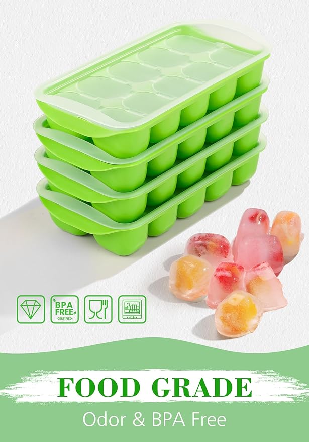 DOQAUS Ice Cube Tray with Lid and Bin - 4 Pack Ice Bucket Kits, Stackable Silicone Ice Trays for Freezer, Easy Pop Out, BPA Free for Cocktail, Coffee, Soup, Food, RV, Kitchen - Image 5