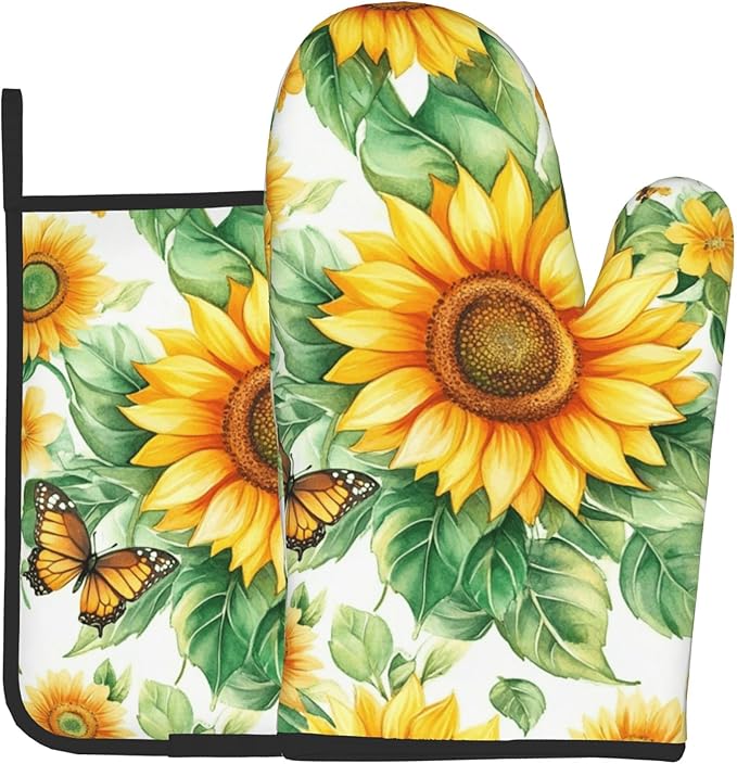 Sunflower Oven Mitts and Pot Holders Sets Watercolor Yellow Floral Plant Kitchen Gloves Hot Pads 2 Pieces Set Spring Summer Farmhouse Kitchen Decor and Accessories by DZGlobal