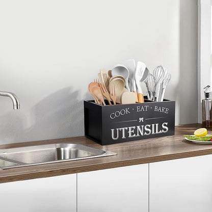 Suli Extra Large Kitchen Utensils Holder with 4 Compartments, Wooden Utensil Organizer for Kitchen Countertop, Farmhouse Kitchen Decor, Rustic Cooking Utensil - Black - Image 7