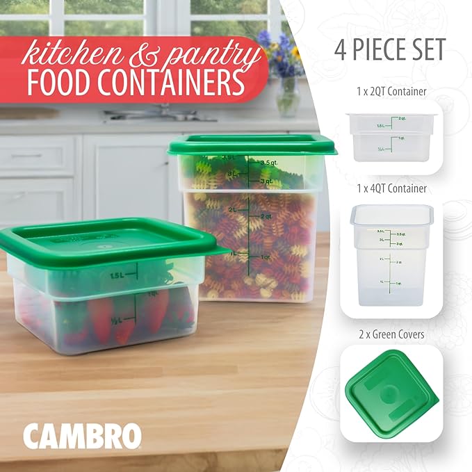 Cambro Food Storage Container with Lid (Microwave Safe and BPA-Free) - 2 Pack - Classic Series Square with Green Lid - 2 and 4 QT (Quart) - Commercial Grade for Food Prep (Translucent) - Image 2