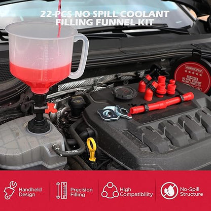 22-Piece No-Spill Coolant Filling Funnel Kit and Siphon Hose Pump, Radiator Coolant Filling Spill-Proof Funnel Kit with Adapters, Extensions, PVC Hose, Engine Oil Funnels, Towel for Universal Vehicle - Image 8