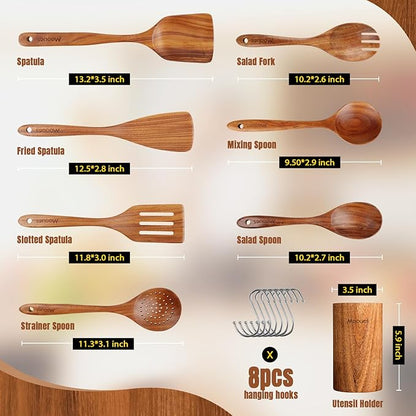 Wooden Spoons for Cooking, 8 PCS Teak Wood Cookware Utensil Set with Hooks - Smooth Finish, Non-Stick, Comfort Grip Cooking Spoons and Utensils Holder - Image 2