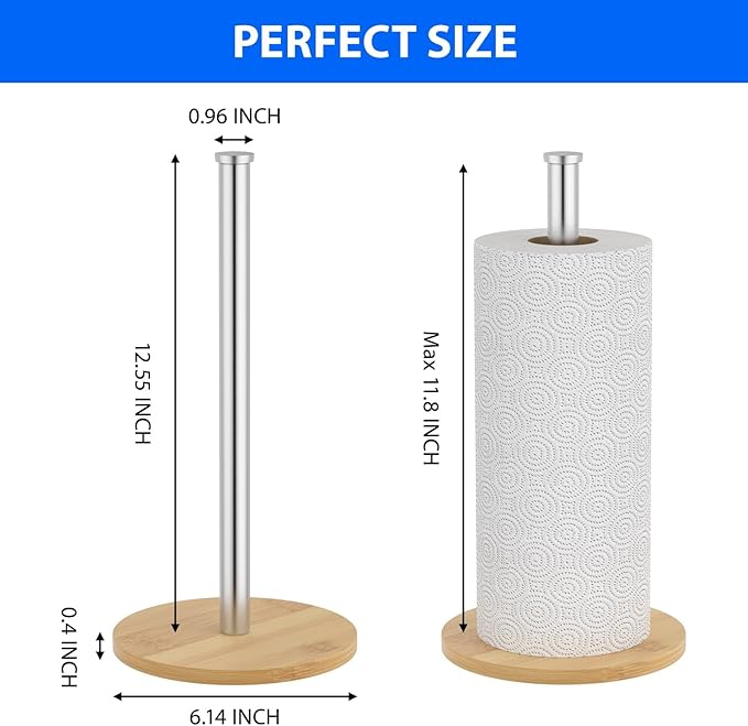 Wooden Paper Towel Holder Countertop, Sliver, Non-Slip Base, Stainless Steel, FreeStanding, Easy Install, Durable, Ideal for Home,RV,Bathroom,Farmhouse Essentials Decor Accessories