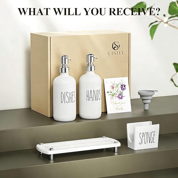 Cisily Kitchen Soap Dispenser Set Comes with Ceramics Sponge Holder, Gold Pumps, and Instant Dry Tray, Hand and Dish Soap Dispenser Set (4, Silver + White + Sponge Holder) - Image 7