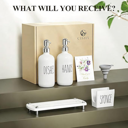 Cisily Kitchen Soap Dispenser Set Comes with Ceramics Sponge Holder, Gold Pumps, and Instant Dry Tray, Hand and Dish Soap Dispenser Set (4, Silver + White + Sponge Holder) - Image 7