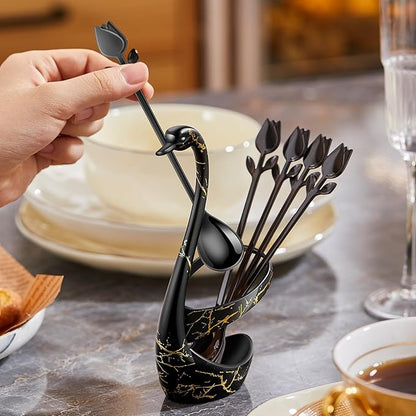 Black Small Coffee Spoon Holder Set,Swan Base With 12 Pcs Demitasse Espresso Spoons Set,6" Mini Tulip/Rose Dessert Spoon,Stainless Steel Tea Spoons - Image 5