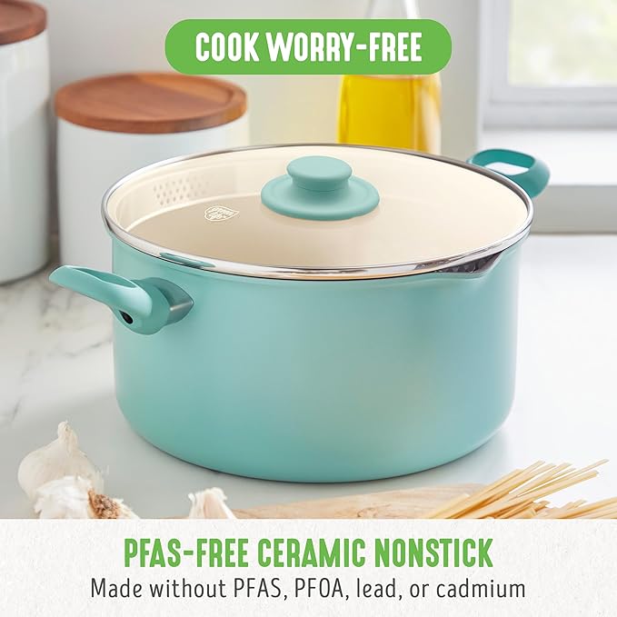 GreenLife 6QT Nonstick Stockpot with Straining Lid, Soft Grip, PFAS-Free Ceramic, Pour Spout, Multipurpose Cooking Pot, Sauces & Soups, Milk Pan, Stay-Cool Handles, Dishwasher & Oven Safe, Turquoise - Image 2