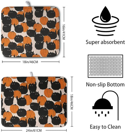 Happy Halloween Dish Drying Mat for Kitchen Counter 16x18 Inch Cute Pumpkin Black Cat Trick or Treat Drying Mats Large Microfiber Absorbent Dish Rack Pad for Coffee Bar Sinks Home Accessories - Image 2