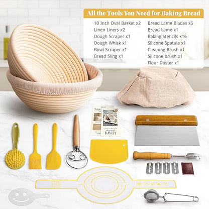 Sourdough Starter Kit, Banneton Bread Proofing Baskets Set, Sourdough Bread Baking Supplies Making Tools with Dough Scraper, Whisk, Bread Lame, Recipe - Image 6