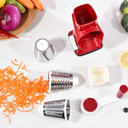 Rotary Cheese Grater with Handle Kitchen Shredder Slicer Grater Slicer Ice Shaver Cheese Vegetable Nuts Potato Zucchini Chocolate 3 Interchangeable Blades (RedWhite) - Image 8