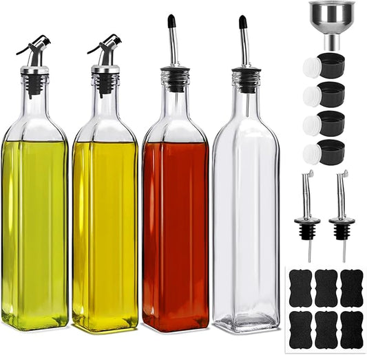 BAKHUK 4 Pack 17oz Olive Oil Dispenser Bottles, 500ml Clear Glass Vinegar Cruet with Pourers and Funnel for Kitchen by BAKHUK