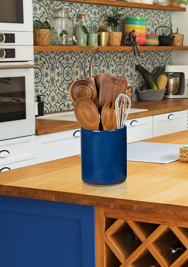 Nucookery Utensil Holder, 6.4" Ceramic Kitchen Utensil Holder for Countertop with Protection Cork Bottom, Vintage Farmhouse Kitchen Decor for Counter, Gift (Royal blue) - Image 7