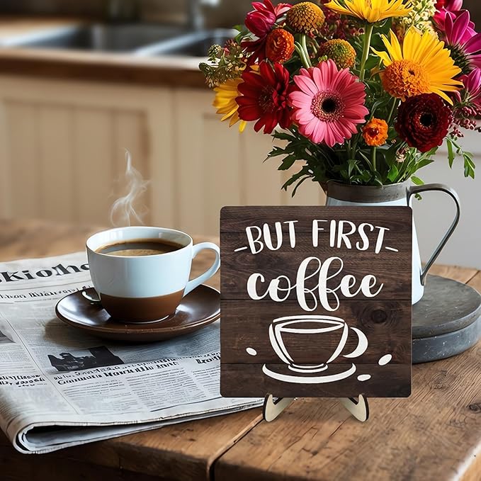 Vintage Coffee Bar Wooden Plaque Desk Sign, Farmhouse Wood Plaque Tabletop Decor for Cafe Bar Kitchen Office,Coffee Station Accessories 5.9x5.9Inch - Image 6