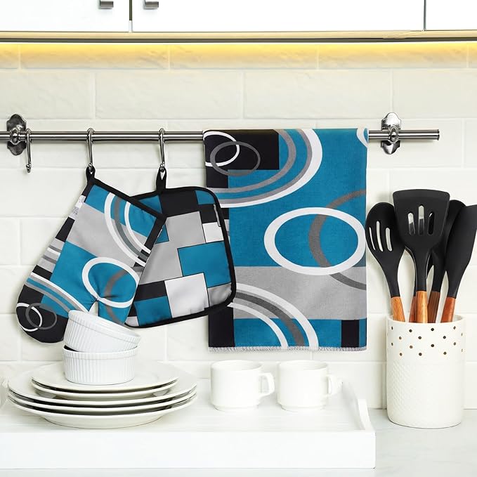 Jingmore 6 Pcs Kitchen Decor Set Accessory Farmhouse Kitchen Towels Pot Holders Oven Mitts Set 2 Dish Towels 2 Pot Holders 2 Cooking Mittens Oven Glove for Cooking(Teal,White, Gray,Geometric) - Image 2