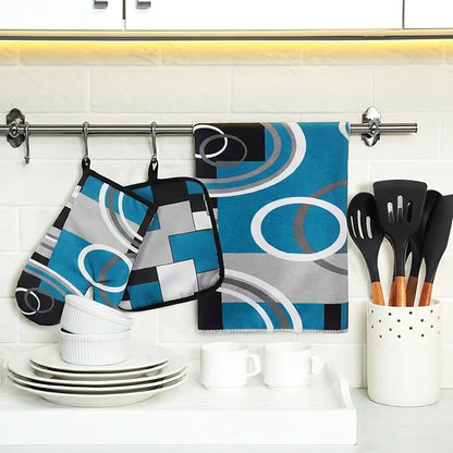 Jingmore 6 Pcs Kitchen Decor Set Accessory Farmhouse Kitchen Towels Pot Holders Oven Mitts Set 2 Dish Towels 2 Pot Holders 2 Cooking Mittens Oven Glove for Cooking(Teal,White, Gray,Geometric) - Image 2