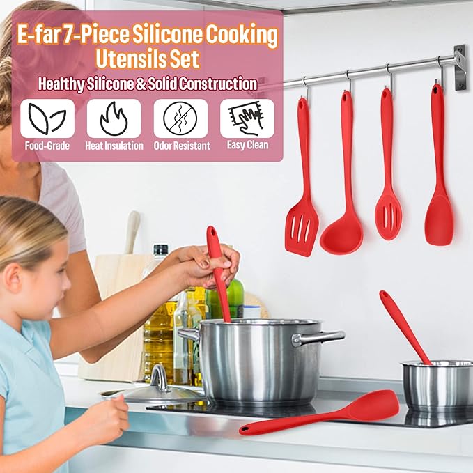 Silicone Cooking Utensils Set, E-far 7-Piece Red Heat Resistant Kitchen Utensils Set, Kitchen Nonstick Tools Spatula Ladle Spoon Pasta Server for Non-stick Cookware, Non-Toxic & Dishwasher safe - Image 7