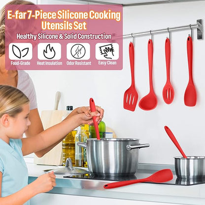 Silicone Cooking Utensils Set, E-far 7-Piece Red Heat Resistant Kitchen Utensils Set, Kitchen Nonstick Tools Spatula Ladle Spoon Pasta Server for Non-stick Cookware, Non-Toxic & Dishwasher safe - Image 7