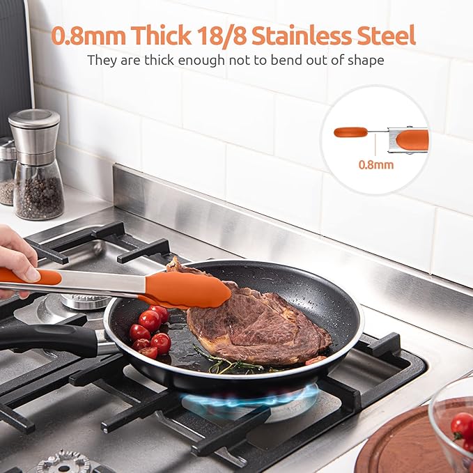 600ºF Heat Resistant Kitchen Tongs: U-Taste 9+12 inch Silicone Cooking Tong Set with Firm Sealed Non Stick Rubber Tips and Silicon Coated 18/8 Stainless Steel Handle for Serving Grilling Salad(Orange) - Image 5