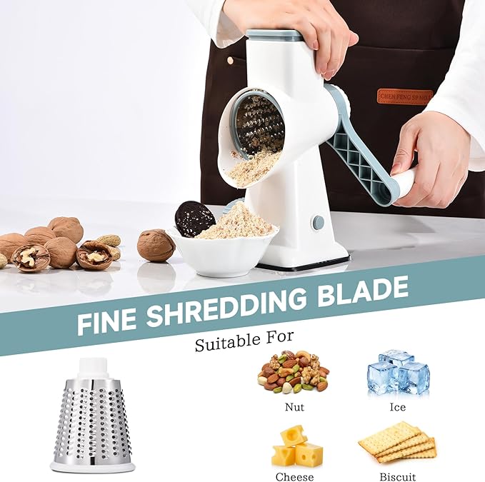 Rotary Cheese Grater with Handle Kitchen Shredder Slicer Grater Slicer Ice Shaver Cheese Vegetable Nuts Potato Zucchini Chocolate 3 Interchangeable Blades (WhiteBlue) - Image 5